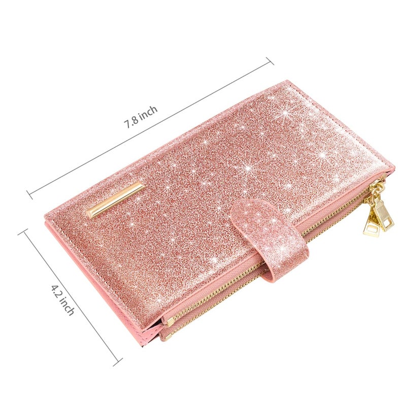 Coco Rossi Womens RFID Blocking Pink Glitter Leather Multi Card Organizer Bifold Pink Wallet with Zipper Pocket,Rose Gold - Image 4
